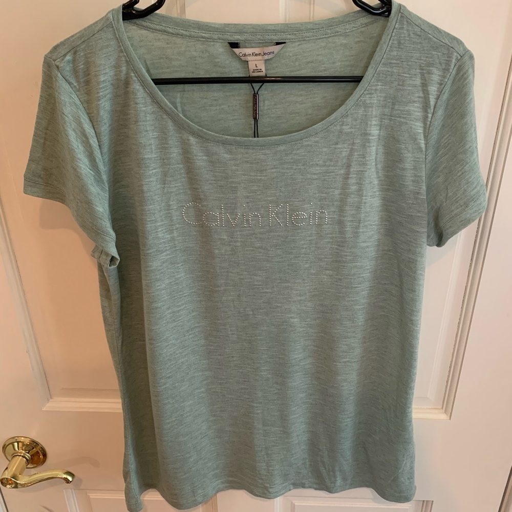 Calvin Klein Jeans Size L Green SS Logo Top NWT